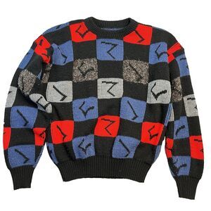 Vintage 90s 80s Jeb Sweater Geometric Multicolor Blue Red Check, No Tag